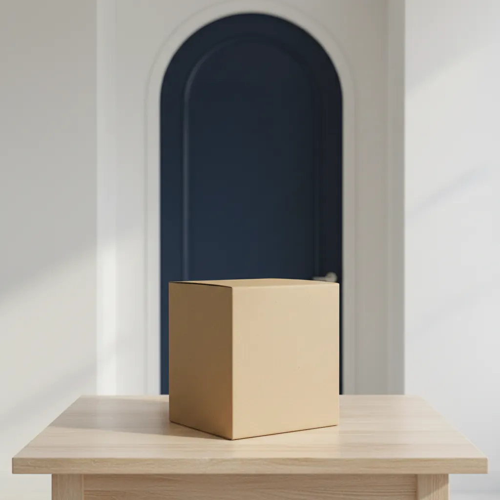 Siisti kraft-pakettipaketti oven vieressä valoisassa eteisessä